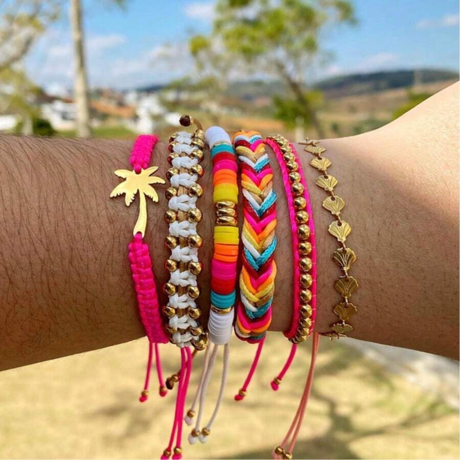 6pcs Fashion Ocean Style Metal Coconut Tree Shell Ocean Adjustable Handmade Woven Beaded Bracelet Set, Suitable For Women's Daily, Vacation, Shopping Outfits, Beach Holiday Matching - Multicolor - View 1