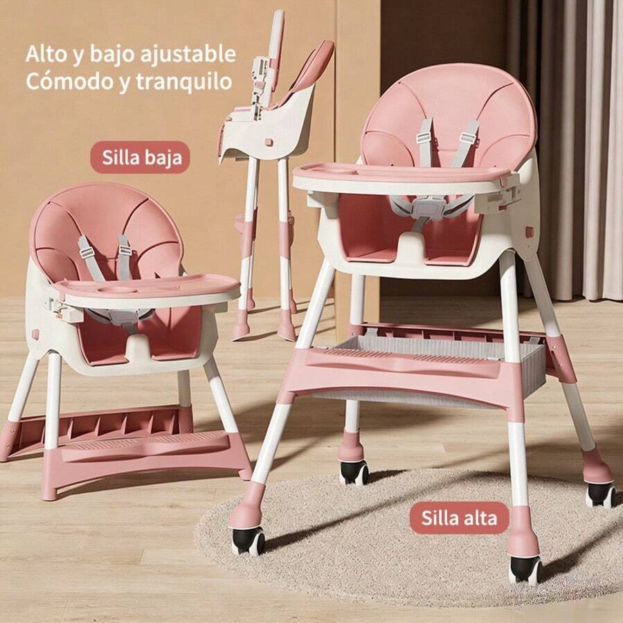 Silla Alta para Bebé Multifuncional 3 en 1, Silla de Comer Ajustable y Plegable con Charola Doble, Silla de Bebé de 6 Meses a 4 Años - Rosa - Ver 1