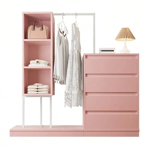 Chest Of Drawers, Wardrobe Set, White Wardrobe, Sideboard, Clothes Rail, Dimensions: W140/W40/H135 - Pink - View 1