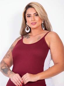 Plus Size Curvy Style Strappy Dress With Thin Straps, Side Slit, Ribbed Fabric, Extra Large, Long, Elastane, For Formal Parties And Maternity Wear. - Burgundy - View 12