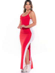 Plus Size Curvy Style Strappy Dress With Thin Straps, Side Slit, Ribbed Fabric, Extra Large, Long, Elastane, For Formal Parties And Maternity Wear. - Rojo - Ver 8