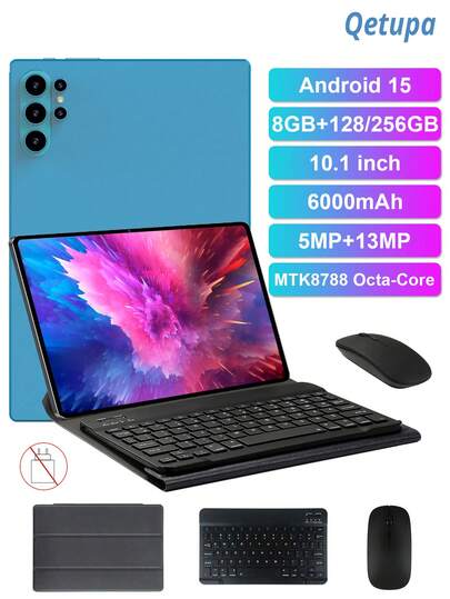 Qetupa 10.1-Inch Android 15 Tablet PC, With Protective Case, Keyboard And Mouse, Lightweight And Portable, Suitable For Students And Adults. MTK8788 Octa-Core 2.0GHz Processor, 8GB RAM + 128/256GB Storage (Expandable To 1TB), 1280x800 HD IPS Touchscreen, 5MP Front Camera And 13MP Rear Camera, 6000mAh Battery, Bluetooth 5.2, GPS, Supports 802.11ax Wi-Fi 6, Type-C Charging Port, Does Not Support SIM Card