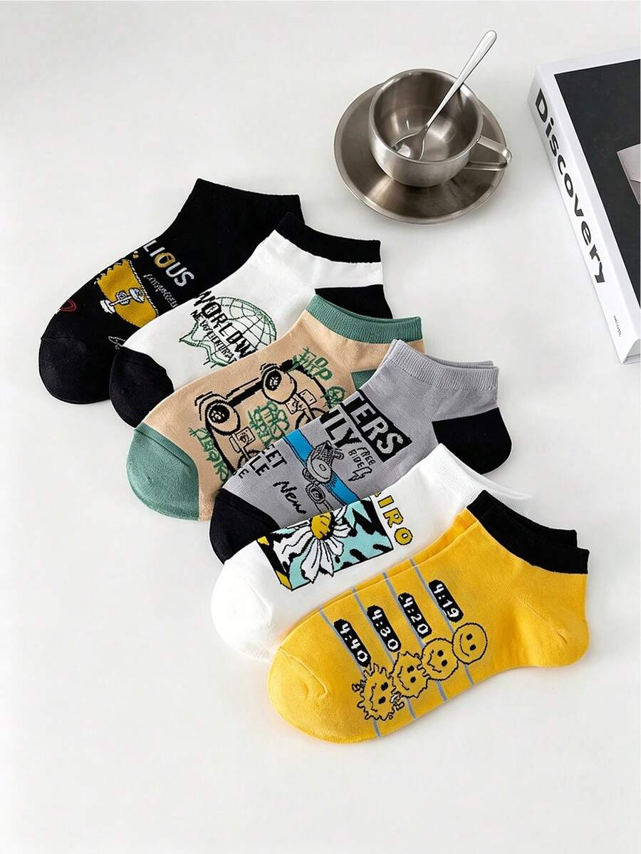 5 Pairs Men's Ankle Socks, Cartoon Graffiti Print Breathable Moisture-Wicking Odor-Resistant Casual Sports Socks, Versatile Street/Ins Style, Random Assortment - Multicolor - View 1