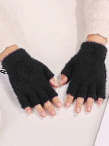1 Pair, Mink Fur Half Palm Open Finger Gloves For Warmth, Thickening, Insulation, And Cold Resistance, Touch Screen Open Finger Gloves - Multicolor - View 5