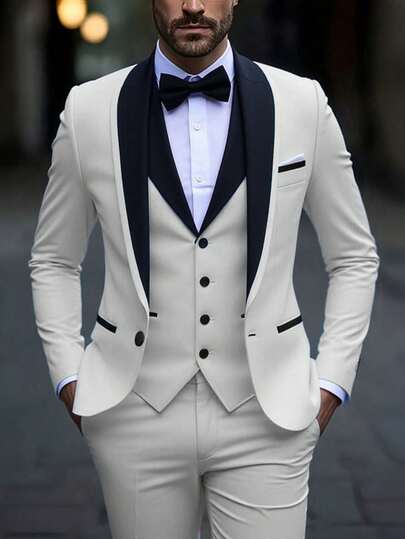 SuitGent 三件套男士高品质商务西装，纯色新郎婚礼礼服，修身休闲西装外套和裤子套装，春季款