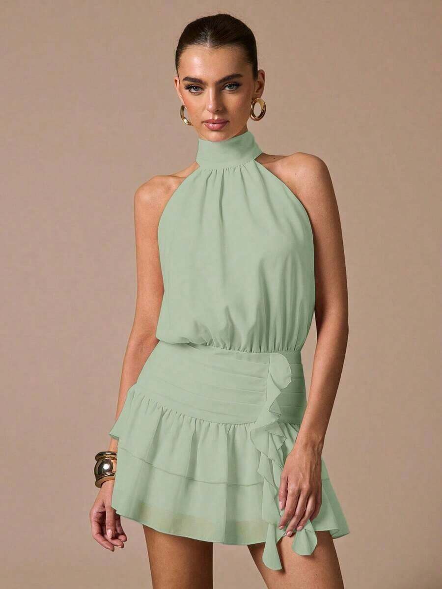 Vestido corto sin mangas con volantes en el bajo, de unicolor. Vestido elegante, dulce y lindo, adecuado para citas románticas, fiestas, reuniones formales, vestidos de dama de honor, vestidos de verano, vestidos de té, Año Nuevo, Día de San Valentín, vestido de cumpleaños, vestido rosa - verde menta - Ver 1