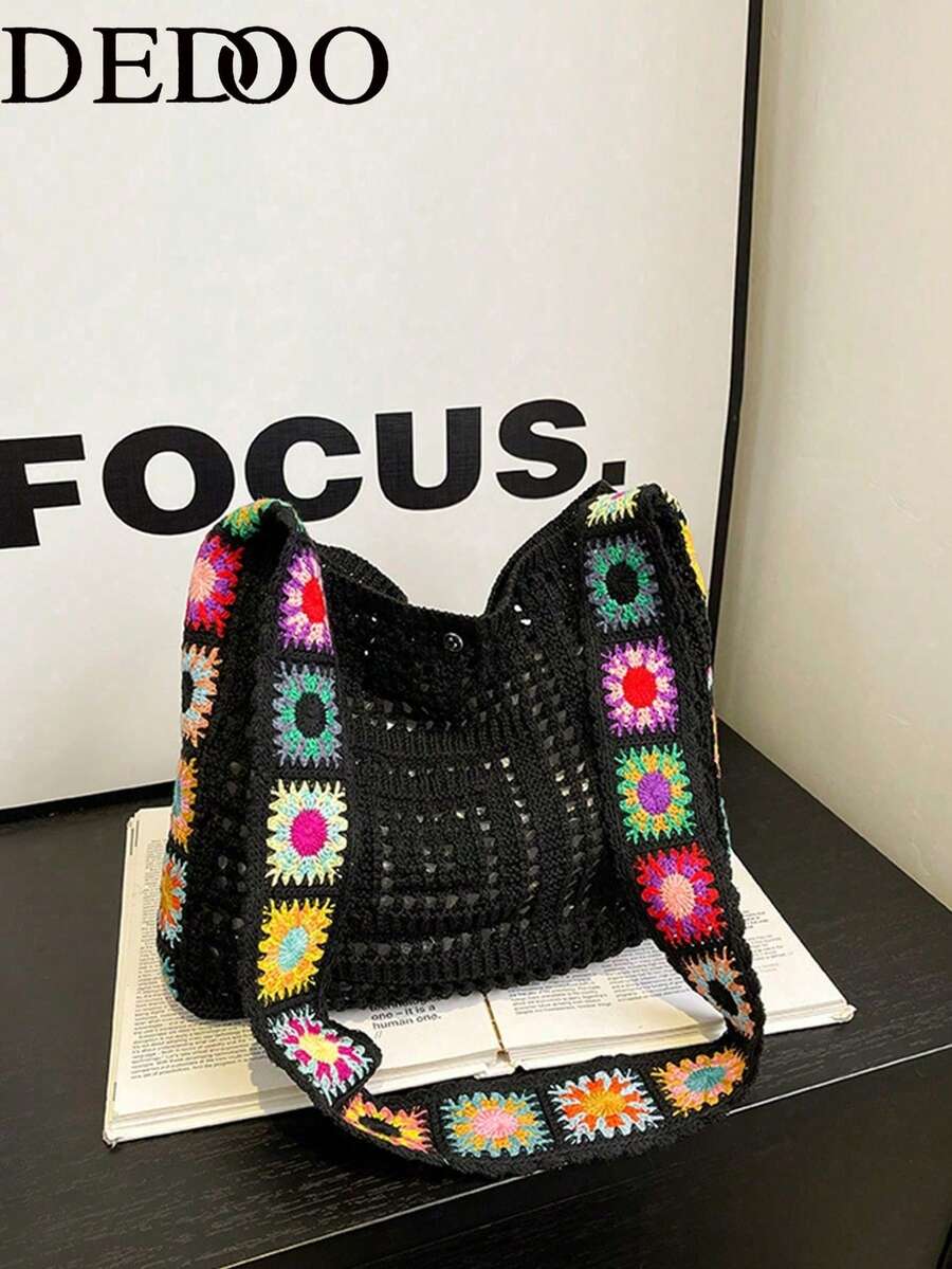 Dedoo Bolso de mujer estilo bohemio, tote de gran capacidad con parte superior abierta, bolso de playa, accesorio de viaje, textura trenzada, adecuado para trabajo, escuela, playa, ganchillo, vacaciones (color/posición de la flor aleatorio) (color/patrón de la correa aleatorio)