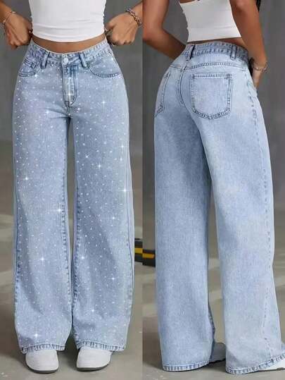 2026 Autunno/Inverno Nuovi Jeans in Denim Blu a Gamba Larga con Decorazione di Strass Starlight per Ragazze Adolescenti 13Y-16Y, Design di Moda di Marca, Casual e Versatile