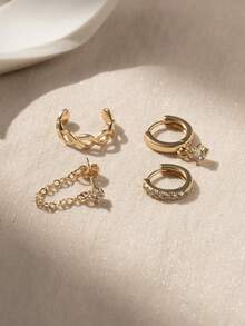 Nooxian Set de 4 piezas de aretes de oro con circonita: Arete de oreja con símbolo del infinito + Aro con diamante de imitación + Aretes de cadena con borla en forma de estrella, diseño de lujo con capas - Amarillo Oro - Ver 3
