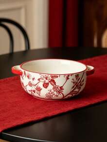 Bát gốm 8 inch hoa văn hoa đỏ cổ điển hai tay cầm, bát súp dung tích lớn, phù hợp cho ramen, salad, mì Ý, dùng trong bếp gia đình và tiệc lễ, đa dụng cho nhiều tình huống - Đỏ - Xem 6