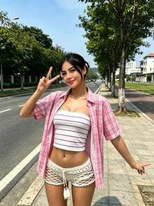 女款夏季粉色與白色格紋寬鬆襯衫 - 休閒男友風短袖翻領襯衫輕量針織上衣甜美街頭風 - 粉色 - 查看 3