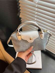 Mini bolso de moda con diseño de bloques de color, bolso de hombro de tela de nailon impermeable, bolso cuadrado y bolso cesta, adecuado para ir al trabajo, fiestas y vacaciones. - Plateado - Ver 6