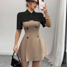 Fengyu Women's Clothing Store  Vestido-camisa casual de manga corta para mujer en 2 colores contrastantes - Rosa vieja - Ver 9