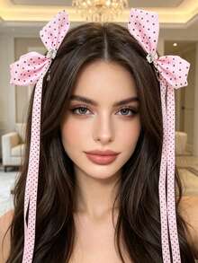 2Pcs French Vintage Polka Dot Bow Hair Clip, Rhinestone Long Ribbon Side Clip, Daily/Date Versatile Hair Accessory,Hair Claws - Multicolor - View 4