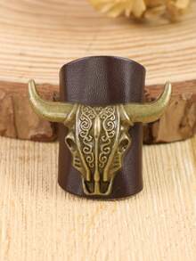 1PC Western Cowboy Bull Skull Bandana Slide, Vintage Bronze Scarf Ring With Leather Wrapper, Retro Western Style Neckerchief Slide For Men & Women(Not Include The Scarf) Halloween - A - View 13