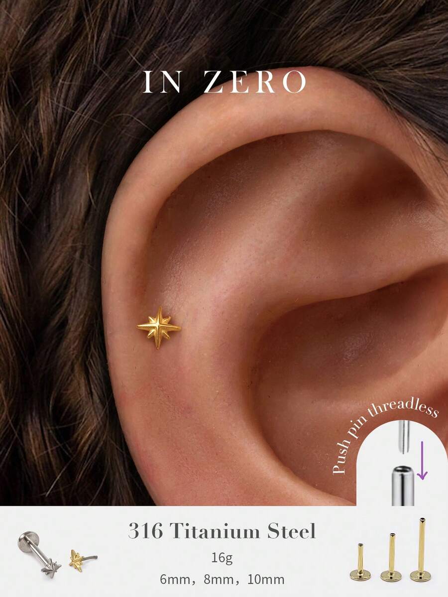 1PC Tiny Glossy Octagonal Star Stud Threadless Labret, Hypoallergenic 316 Stainless Steelr CZ Stud Earrings, For Women And Men Daily Wear - Eight-pointed Star - View 1