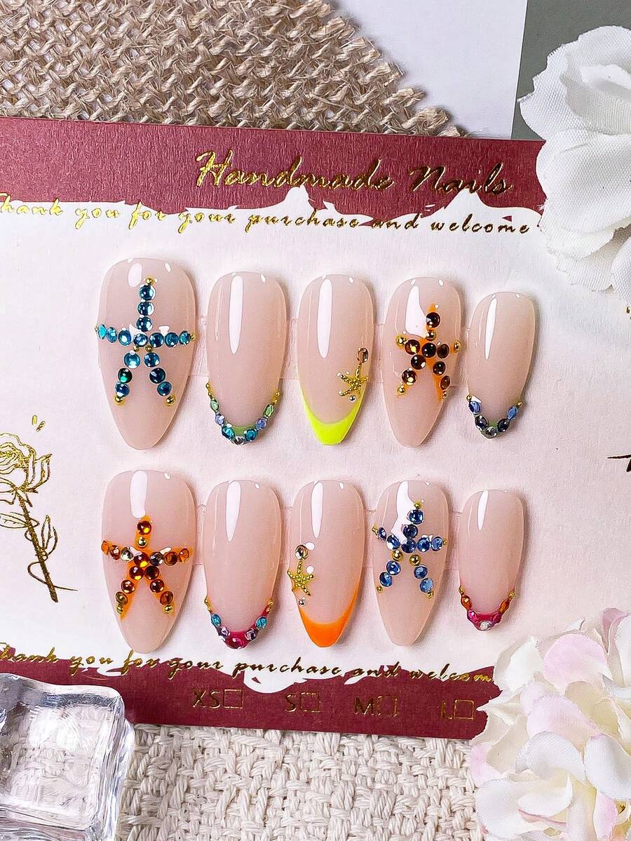 10片手工螢光杏仁形美甲貼片,低調法式風,藍色/橘色水鑽裝飾,星星設計,夏季清爽時尚,高端時尚假指甲手工穿戴甲 - 彩色 - 查看 1