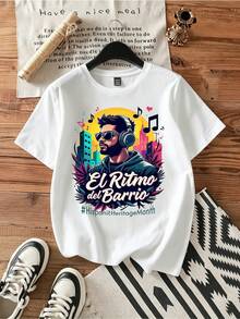 El Ritmo Del Barrio Hispanic Heritage Music Tee.Vintage Graphic Print Casual Cotton Short Sleeve T-Shirt - White - View 1