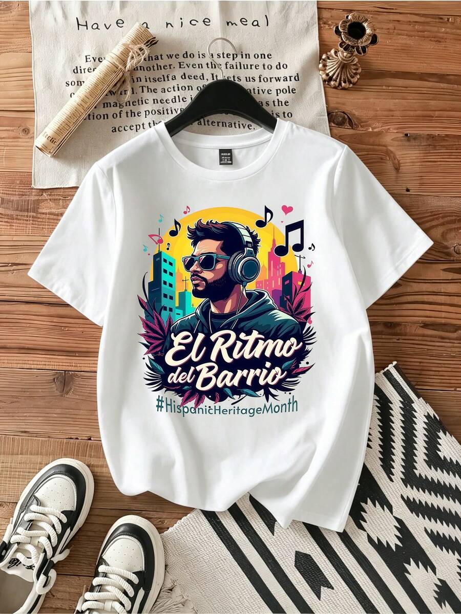 El Ritmo Del Barrio Hispanic Heritage Music Tee.Vintage Graphic Print Casual Cotton Short Sleeve T-Shirt - White - View 1