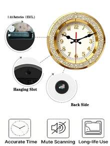 1 pieza Reloj de pared plano 2D | Reloj de pared redondo de madera chapado en oro con marco incrustado de cristal, adecuado para decoración de sala de estar, dormitorio, oficina, lobby de hotel, comedor - Multicolor - Ver 7