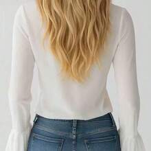 Camisa elegante y casual de manga larga de gasa blanca con cuello en V con volantes y cintura con lazo, mangas acampanadas, adecuada para primavera, verano y otoño, tela de gasa transparente - Negro01 - Ver 3
