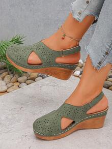Women's Summer Outdoor Wedge Thick-Sole Slip-On Sandals, Hook And Loop Strap At Heel, Holiday Essential, Comfortable Non-Fatiguing, Outdoor Gathering - Dark Green - View 3