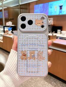 1pc Cute 3 Teddy Bears Print Magnetic Stand Phone Case, Anti-Drop Protective Cover, With Magnetic Stand For Convenient Viewing, Video Calls And More, Soft Girly Style, Perfect Gift For Girls And Students On Birthdays / Daily Occasions, Compatible With IPhone Cases & Galaxy Cases - Silver - View 2