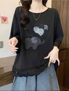 レディース Tシャツ 七分袖 カットソー トップス プルオーバー 7分袖 レース 切り替え レーススリーブ 裾レース 異素材 クルーネック 丸首 イラストプリント アニマル 象 ゾウ ゆったり 大きいサイズ プラスサイズ 体型カバー 着痩せ 二の腕カバー お腹カバー ぽっちゃり 大人可愛い きれいめ カジュアル フェミニン デイリー 普段着 お出かけ ワンマイルウェア 通勤 通学 オフィスカジュアル 春 夏 秋 楽ちん 快適 涼しい 通気性 ブラック 黒 - ブラック - チェックする 6