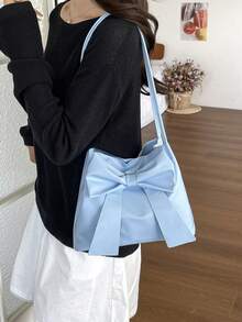 New Fashion Bucket Handbag, Bowknot Decor, Tote Shoulder Bag, Commuter Bag, Solid Color Handbag For Spring/Summer - Blue - View 7