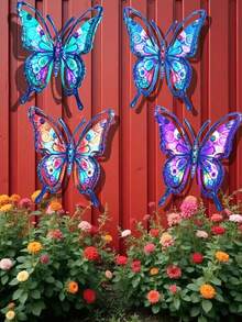 4pcs Colorful Butterfly Metal Wall Decor, Outdoor Garden Yard Fence Hanging Ornament, Weather-Resistant, 3D Art Wall Decoration, Patio Balcony Accent, Housewarming Gift, Vibrant Colors, Suitable For Lawn, Backyard, Wall, Easy Installation, Exquisite Craftsmanship, Adds Natural Vitality, Ideal Gardening Gift - Multicolor - View 6