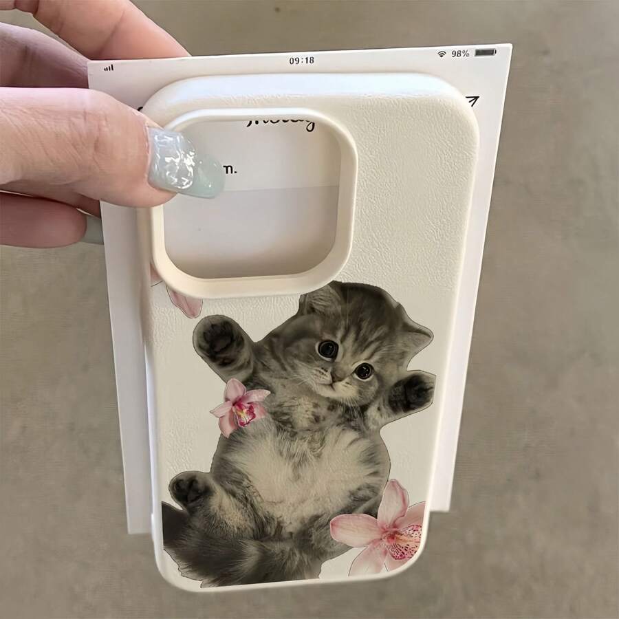 1 buah Casing Ponsel Minimalis Matte Putih dengan Motif Kucing Abu-abu & Anggrek yang Dipersonalisasi, Kompatibel dengan iPhone 16 Pro Max/17/16/15/14 Plus/13/12/11/Air dan Serinya - MultiWarna - View 1