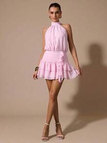 Vestido corto sin mangas con volantes en el bajo, de unicolor. Vestido elegante, dulce y lindo, adecuado para citas románticas, fiestas, reuniones formales, vestidos de dama de honor, vestidos de verano, vestidos de té, Año Nuevo, Día de San Valentín, vestido de cumpleaños, vestido rosa - Rosa Pálido - Ver 3