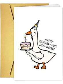 1張生日快樂滑稽鵝卡片 - 趣味卡通鵝配蛋糕與派對帽，「生日快樂你的可愛鵝」文字，適合朋友與摯友，白色背景，優雅標準字體，生日派對裝飾 - 查看 5