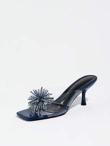 Sandalias de tacón alto de aguja con punta cuadrada transparente y pedrería para mujer, cómodas, de moda, minimalistas, sexys, elegantes, glamurosas, populares para fiestas, banquetes, reuniones, todas las estaciones, vacaciones de verano y viajes, zapatos de tacón alto azul para mujer - Azul - Ver 6