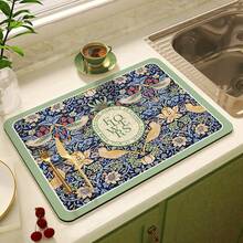 1 pieza Alfombrilla de secado de cocina de diatomea estilo vintage William Morris con estampado floral y de pájaros, retro azul marino con borde verde, pájaro dorado y flores, secado rápido, antideslizante, a prueba de aceite, absorbente de agua, resistente a manchas, fácil de limpiar, almohadilla decorativa para el área del fregadero de la cocina, mesa de comedor y decoración del hogar - Multicolor - Ver 2