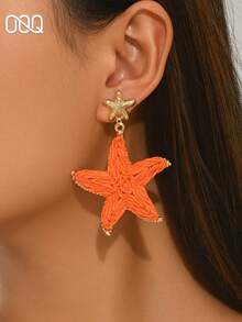 OOQ 1 Pair Summer Vacation Style Ocean Creature Starfish Pendant Handmade Raffia Women's Fashion Earrings, Beach Holiday Gift For Friends And Family (Handmade Raffia Weave, Random Direction And Shape) - Orange - View 4