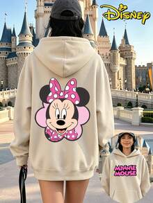 Disney Minnie Mouse Polka Dot Bow Hoodie, Oversized Loose Fit With Double-Sided Prints, Heavyweight Comfortable Streetwear Top, Retro Casual Versatile Piece - Màu be - Xem 1