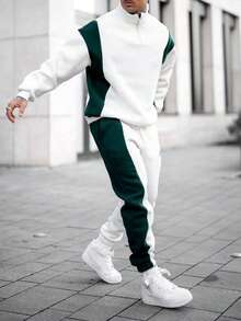 Men's Loose Fit Contrast Color Casual Zip-Up Sweatshirt And Sweatpants Set, Autumn/Winter - White - View 1