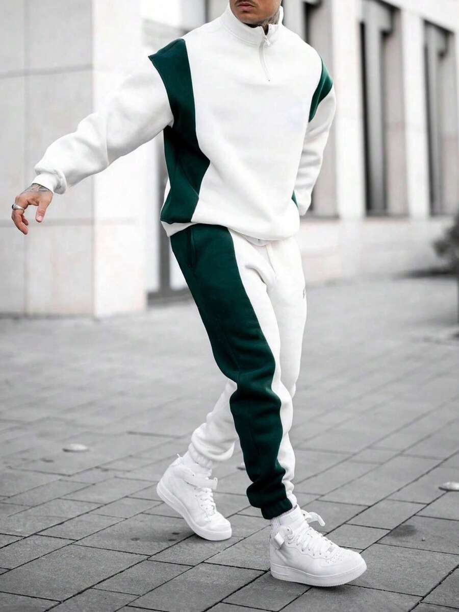 Men's Loose Fit Contrast Color Casual Zip-Up Sweatshirt And Sweatpants Set, Autumn/Winter - White - View 1