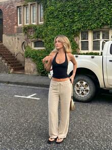 Pantalones anchos de cintura alta adelgazantes para mujer, estilo callejero bohemio, adecuados para uso diario, trabajo y vacaciones en primavera/verano - Albaricoque - Ver 7