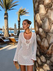 SEREN's White Openwork Knit Dress Exudes A Summer Vacation Vibe. The V-Neck, Fitted Waist With A Tie, And Flared Long Sleeves, Combined With The Slightly Sheer And Lightweight Fabric, Create A Relaxed And Carefree Beach Atmosphere. It Can Be Worn As A Beach Cover-Up Or As An Outer Layer, Suitable For Various Occasions Such As Vacations, Poolside Relaxation, And Casual Parties. This Versatile Spring/Summer Piece Effortlessly Creates A Fresh And Elegant Look. (Women's Dresses, Summer Dresses, Women's Vacation Wear, Women's Beachwear) - White - View 2