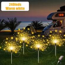 4入 320LED 太陽能煙火燈戶外燈，太陽能花園燈，附 240 LED 星爆串燈 8 種模式仙女燈，適用於購物中心、露營車、露營、婚禮聖誕、草地後院派對花園裝飾 - 地插煙火燈 - 查看 8