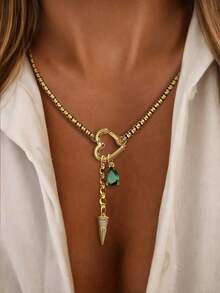  1PC Gold HeartBuckle With Multi Droplet-Shaped Pendant Necklace, Lock Droplet Diamond Chain,Luxury Style For Ladies' Exquisite Holiday Party Gift - Yellow Gold - View 2