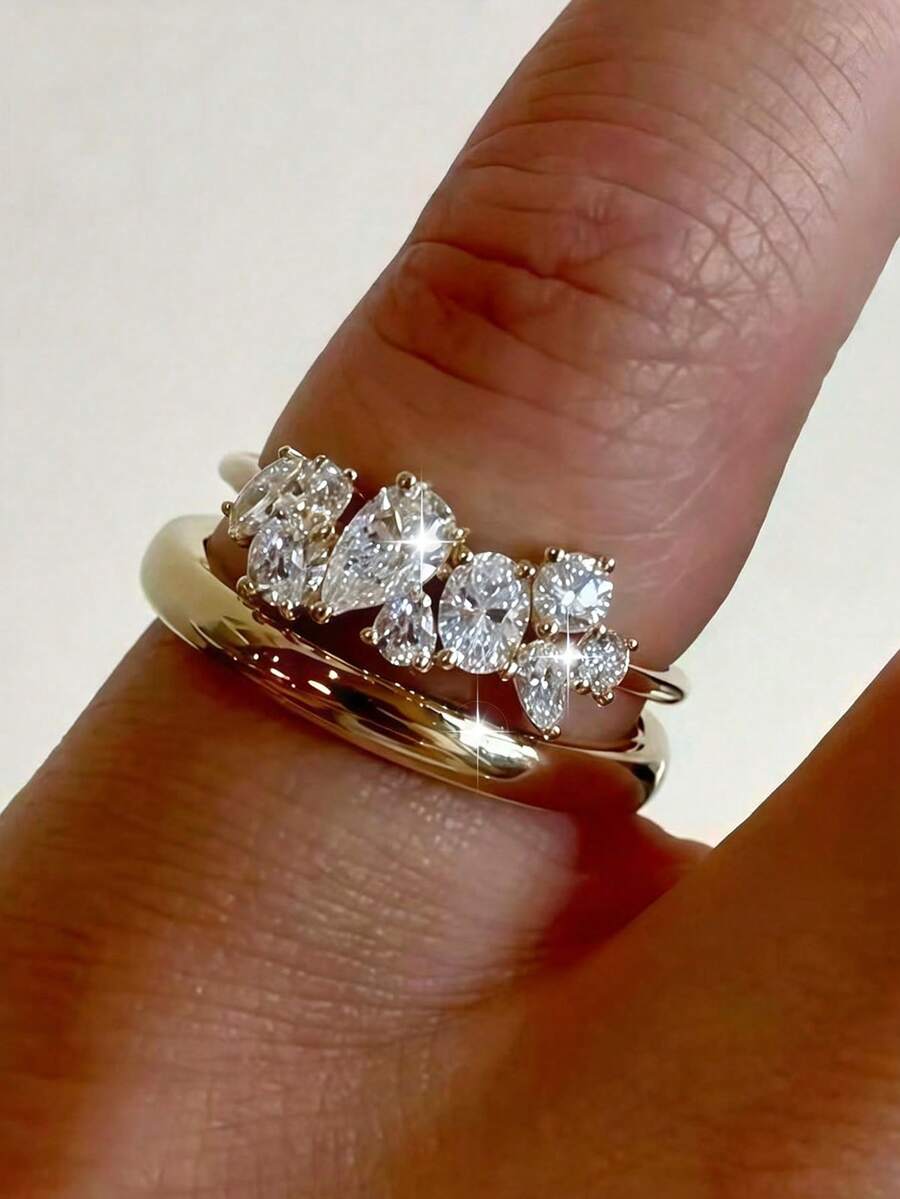 2pcs Elegant Cubic Zirconia Stone Rings, Stackable Rings Suitable For Women's Daily Wear, Dates, Weddings, Parties, Anniversaries, Bridal Gift - Yellow Gold - View 1