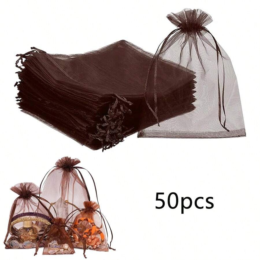 Organza Gift Bags, Drawstring Sides Transparent Organza Small Mesh Net Jewelry Gift Bags, Suitable For Wedding/Party/Candy/Christmas/Gifts (50pcs) - Coffee Brown - View 1