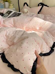 Pink Polka Dot Ruffle Edge 4-Piece Duvet Cover Set, Soft And Comfortable Bedroom Bedding, Ruffle Design, Breathable And Soft All-Season Bedding Set, Includes 1 Duvet Cover, 1 Bed Sheet, 2 Pillowcases, No Fill, Suitable For Dorm, Bedroom, Home Use, Multiple Size Options - Baby Pink - View 8