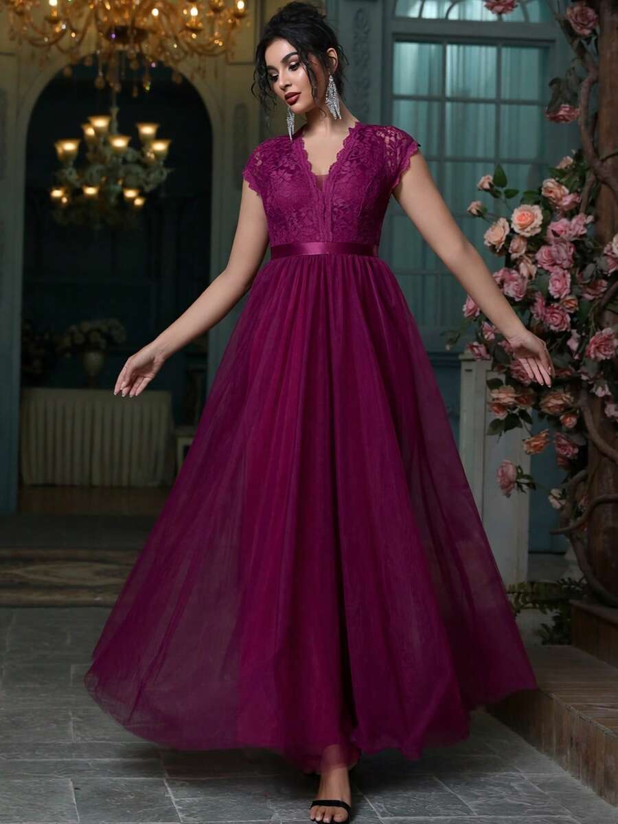 Women's V-Neck Lace Patchwork Zipper Sequin Patchwork Bridesmaid Dress For Wedding Guest, Homecoming, Party, Prom, Formal Event, Evening Gowns, Spring/Summer/Autumn - Red Violet - View 1