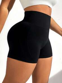 TNTOR Pantalones cortos de fitness casuales de unicolor para mujer de talla grande, pantalones cortos de yoga elásticos, diseño de cintura alta con control de abdomen para deportes - Negro - Ver 5