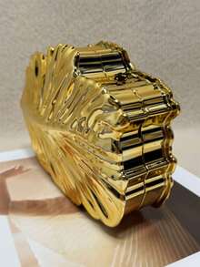 金属金色亮面独特叶形贝壳硬壳手拿包，适合鸡尾酒会、浪漫约会、婚礼等场合。 - 金色 - 查看 4