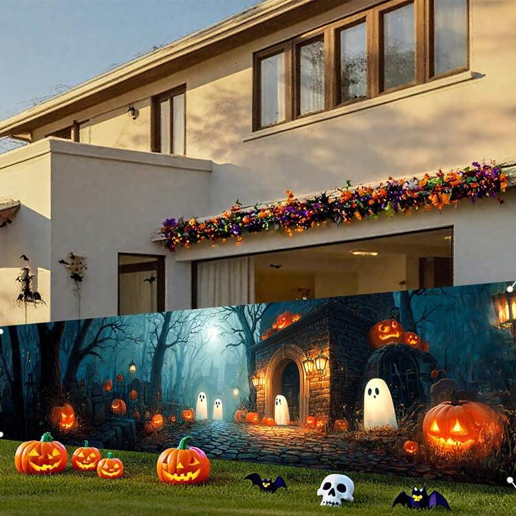 1 cái banner Happy Halloween lớn treo sân, cờ trang trí tiệc Halloween kinh dị, treo hàng rào ngoài trời, gara, vườn, hiên nhà, làm phông nền trang trí lễ hội - Kích thước 8: 118,11 x 19,69 inch (300 x 50 cm) - Xem 7